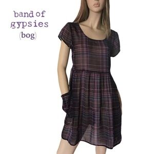 Band of Gypsies (BOG) Babydoll Plaid Dress Semi Sheer Pockets Tie Back Plaid